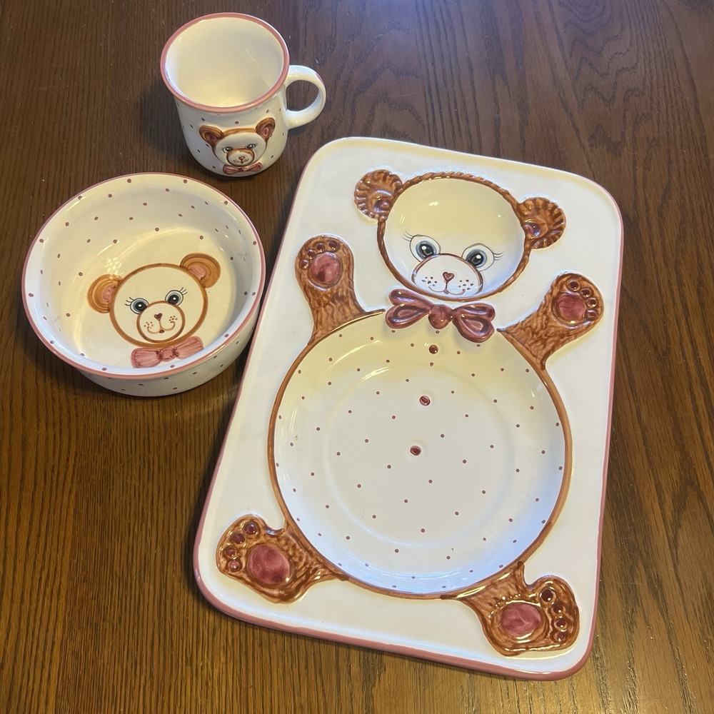 Vintage Gmundner Keramik Teddy Bear 3 Pc‎ Dish Set Plate Bowl Mug Pink Polka Dot